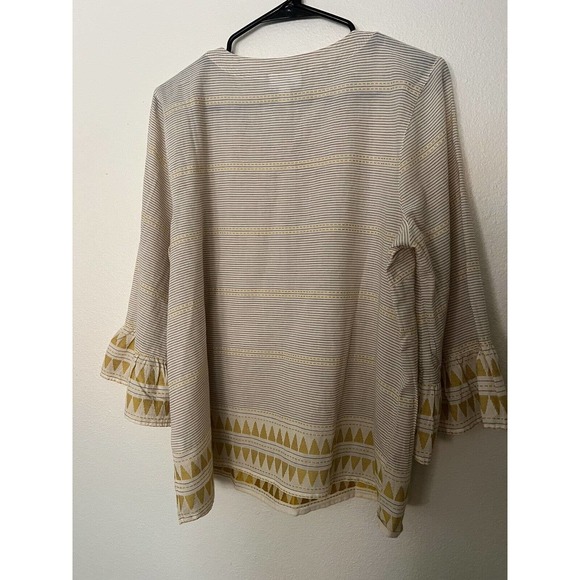 J Jill Jacquard Ruffled Sleeve Boho Top Shirt Yellow Striped Flutter Medium - Picture 3 of 3